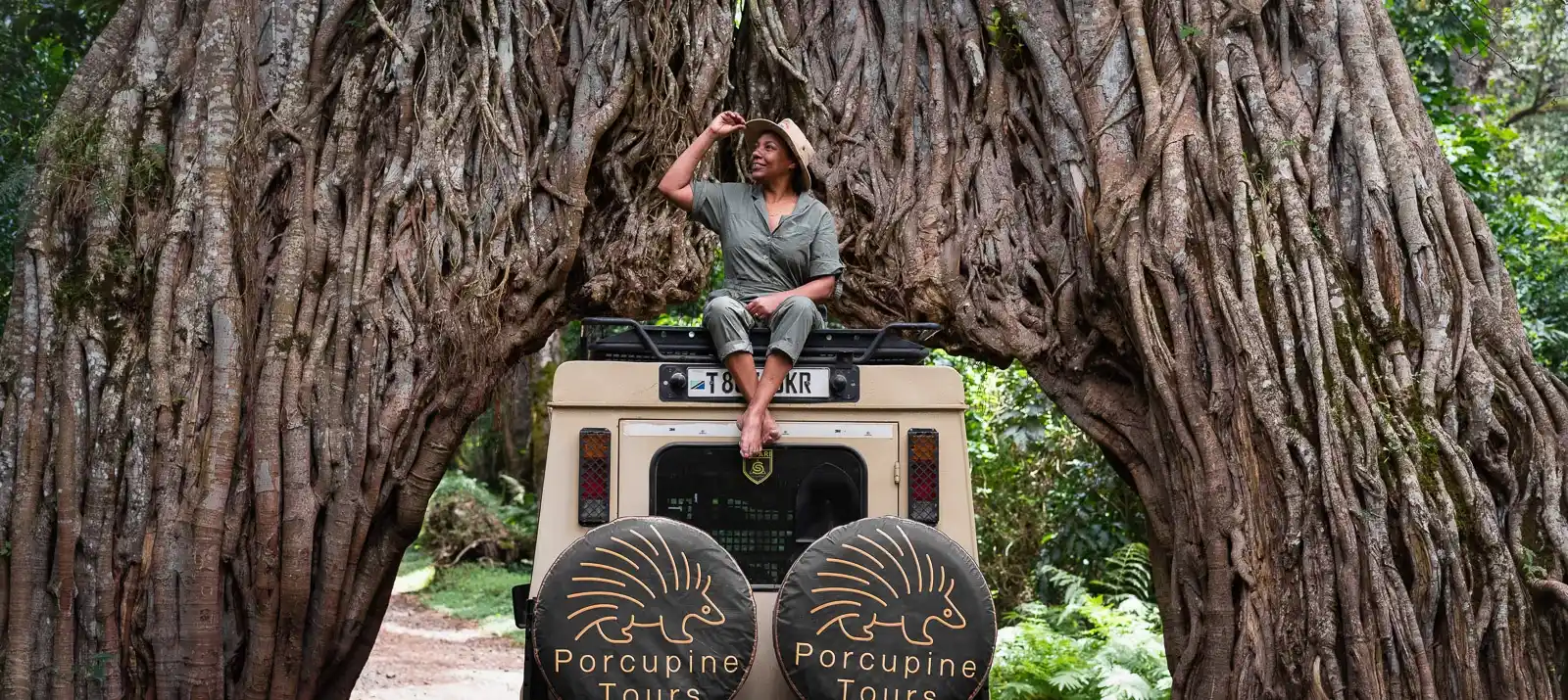 Jacqueline Weigl at a hollow tree in Tanzania - Porcupine Tours founder