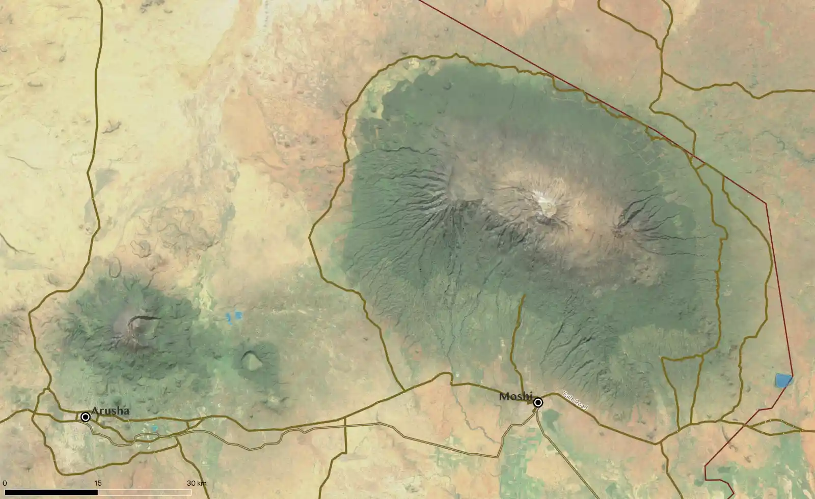Kilimanjaro topographic map showing climbing routes and altitude zones