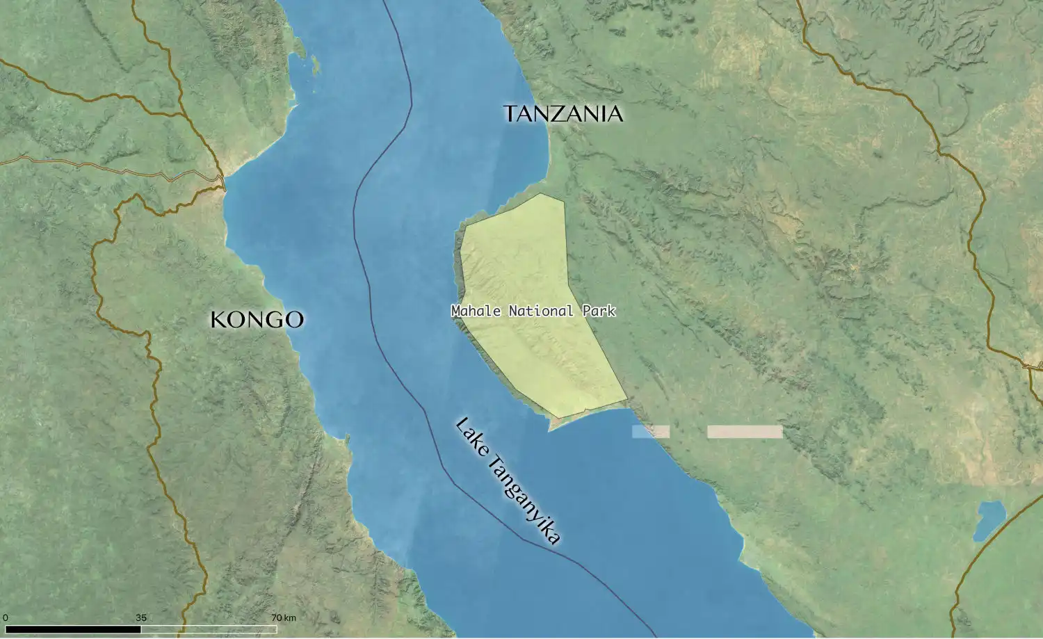 Mahale Mountains National Park map showing chimp territory and Lake Tanganyika