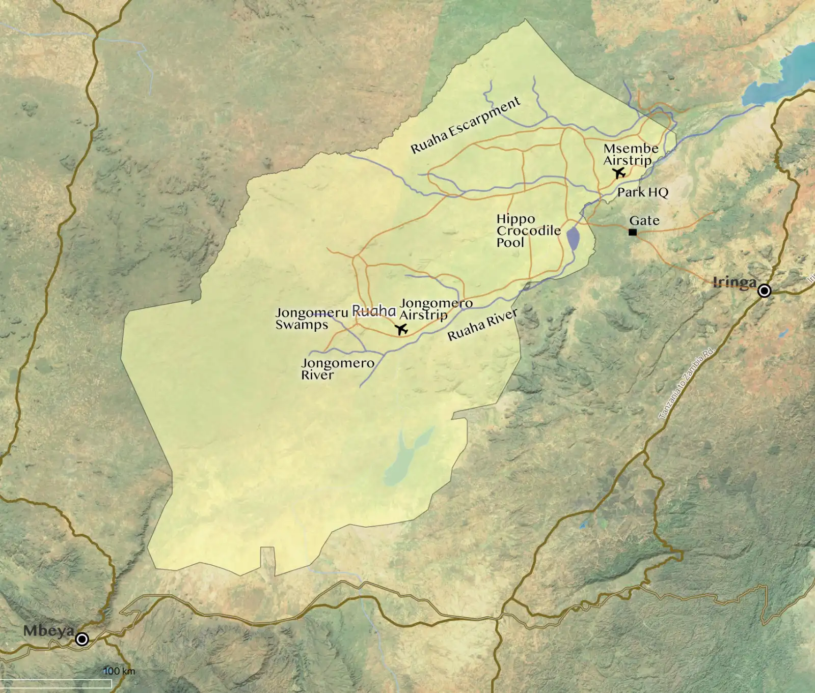 Ruaha National Park map showing sectors, rivers, and wildlife zones