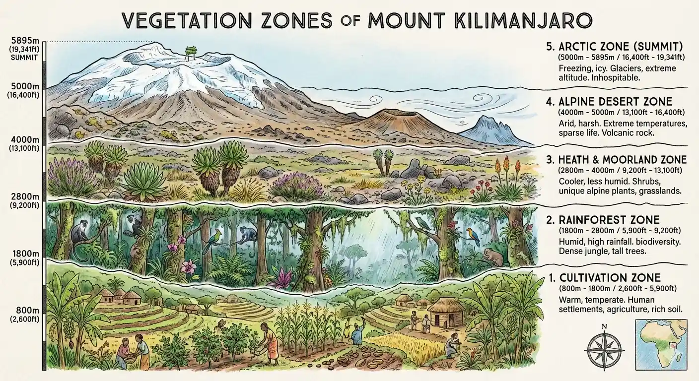 Diagram showing Kilimanjaro's vegetation zones from rainforest to alpine desert
